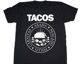 Men's TACOS Ramones Shirt, funny Taco Tuesday shirt, Mexican t-shirt, Foodie Shirt, Chef, Punk Rock, Asada Pescado Pollo Carnitas Al Pastor