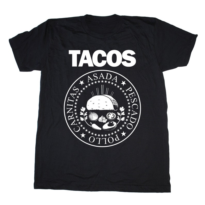 Men's TACOS Ramones Shirt, funny Taco Tuesday shirt, Mexican t-shirt, Foodie Shirt, Chef, Punk Rock, Asada Pescado Pollo Carnitas Al Pastor image 1