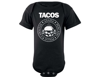 TACOS Ramones bodysuit, funny baby Taco crawler, Taco Tuesday baby, Mexican infant, Foodie, Chef, Punk Rock black, parody one piece, asada