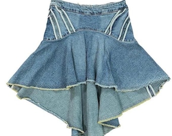 Parasuco Denim Skirt Women 4 Blue High Low Frayed Y2K Cyber Archival Ergonomic