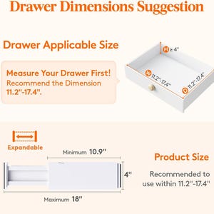 May include: An expandable white drawer divider with a wooden knob. Text includes Drawer Dimensions Suggestion, Drawer Applicable Size, Measure Your Drawer First! Recommend the Dimension 11.2-17.4, Product Size, and dimensions ranging from 4 to 18 inches.