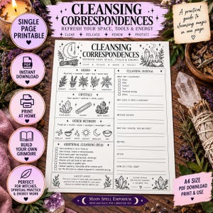 May include: A single-page printable guide titled Cleansing Correspondences, featuring black line art illustrations of herbs, crystals, and cleansing methods. The document includes a cleansing journal section with checkboxes and lines for notes on energy work.