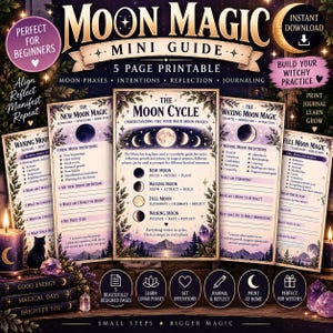 May include: A five-page printable Moon Magic mini guide featuring text about moon phases, intentions, reflection, and journaling. The pages include sections for New Moon, Waxing Moon, Full Moon, and Waning Moon cycles with decorative floral and mountain illustrations in purple and gold tones.