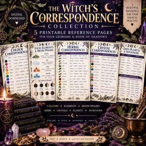 May include: A digital download collection titled The Witch's Correspondence Collection featuring five printable reference pages for a grimoire. The pages display charts for color, elements, moon phases, herbal, crystal, and planetary correspondences.