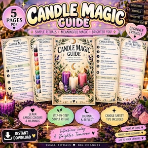 May include: A five-page PDF candle magic guide featuring a central cover with three candles, crystals, and floral illustrations. The guide includes sections on candle color meanings, simple rituals, candle safety, and a ritual record journal page.