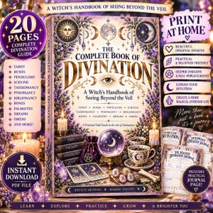 May include: The Complete Book of Divination is a 20-page printable PDF guide featuring a purple and gold cover with illustrations of a crystal ball, tarot cards, candles, and lavender. It includes sections on tarot, runes, pendulums, and scrying.