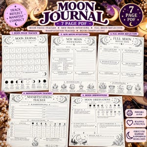 May include: A 7-page digital moon journal PDF set featuring black and white printable templates. Includes a moon phase tracker, new moon intentions, full moon reflection, manifestation tracker, and moon observations with celestial illustrations.