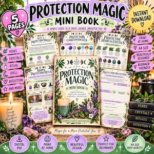 May include: A digital Protection Magic mini book featuring five pages of guides on herbs, crystals, and rituals. The cover displays a candle, crystals, and floral illustrations with the text Protection Magic. Includes sections for reflection and practice.