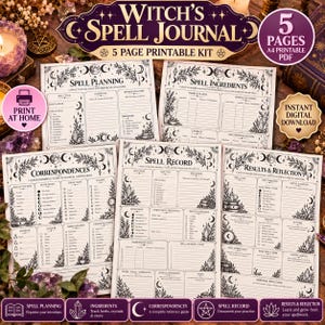 May include: A 5-page printable Witch's Spell Journal kit in A4 size. The pages feature black and white illustrations of moons, stars, and crystals with sections for Spell Planning, Ingredients, Correspondences, Spell Record, and Results & Reflection.