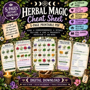 May include: A 5-page printable PDF titled Herbal Magic Cheat Sheet featuring 20 popular herbs, love and self-love, prosperity and success, protection and cleansing, and healing and self-care sections. Includes herb journal pages and correspondence guides.