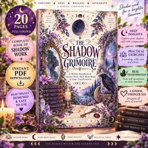 Könnte beinhalten: Ein Buch mit dem Titel The Shadow Grimoire, das einen dunklen Mond, einen Raben, einen Spiegel und florale Illustrationen zeigt. Das Cover enthält den Text A Witch's Handbook of Shadow Work, Dark Moon Magic & Inner Transformation und The Places Within Are Sacred Too.