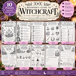 May include: A 10-page printable PDF guide titled A Beginner's Guide to Witchcraft, featuring black and white illustrations of crystals, candles, and herbs. The pages include sections on history, types of witchcraft, tools, altar setup, spellwork checklists, and ritual planning worksheets.