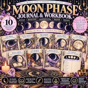 Könnte beinhalten: Ein Mondphasen-Journal und Arbeitsbuch mit 10 Seiten voller Anleitungen, Ritualen und Arbeitsblättern. Das Cover und die Seiten zeigen violette und goldene Himmelsillustrationen, Mondphasen, Kerzen und Kristalle mit Texten wie 'Follow the Moon' und 'Transform Your Life'.