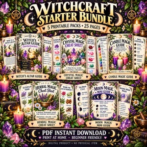 May include: A Witchcraft Starter Bundle digital product featuring five printable packs across twenty-five pages. Includes guides for altars, crystal magic, candle magic, herbal magic, and moon cycles with illustrations of crystals and herbs.