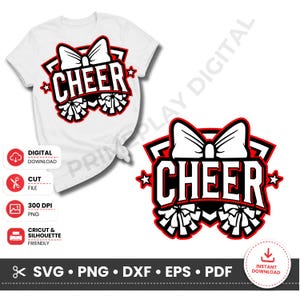Op de afbeelding: Een wit t-shirt met een grafisch ontwerp met het woord CHEER in dikke zwarte letters, een grote witte strik en twee pompons. Het ontwerp is omlijnd in rood en zwart, bevat twee kleine sterren en wordt gepresenteerd als digitaal bestand.
