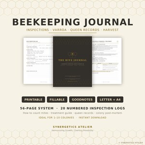 Puede incluir: Un diario de apicultura con una cubierta oscura que presenta un patrón de panal y el texto THE HIVE JOURNAL. Incluye registros de inspección, registros de reinas y seguimiento de cosecha. Sistema de 56 páginas con 20 registros numerados.