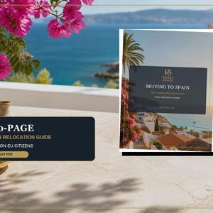 May include: A 250-page Spain relocation guide for EU and non-EU citizens in PDF format. The cover features the text Keys2Spain Moving to Spain The Complete Relocation Guide For EU and Non-EU Citizens, set against a coastal Mediterranean landscape.