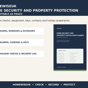 Peut inclure: Un planificateur numérique de sécurité domestique et de protection des biens comprenant 12 pages A4 imprimables. Le document présente des sections pour les portes, fenêtres, alarmes, caméras, clés, vérifications de vacances et un journal d'incidents.