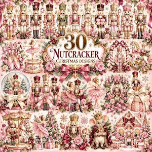 May include: A collection of 30 Nutcracker Christmas designs featuring various nutcracker figures, ballerinas, a mouse, a carousel, and a gingerbread house, all decorated in shades of pink, gold, and white with floral accents.