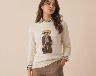 Lux Cream Silk Polo Bear Crewneck Sweater Embroidered RL Patch Relaxed Fit Knit Jumper