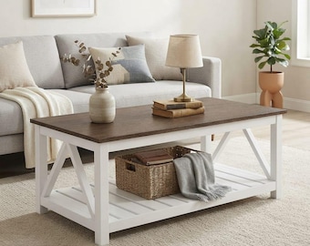 Farmhouse A-Frame Coffee Table, Rustic Wooden Living Room Table, Modern Country Style Furniture