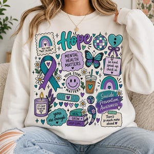 Immagine PNG per la sensibilizzazione sulla salute mentale, nastro verde acqua e viola, punto e virgola, speranza (download digitale)