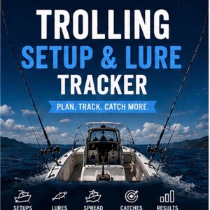 May include: A digital document titled Z FORGE MARINE TROLLING SETUP & LURE TRACKER with the tagline PLAN. TRACK. CATCH MORE. It features a boat on water, icons for setups, lures, spread, catches, and results, plus 2 PDF files in A4 format.