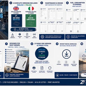 Puede incluir: Un registro digital para propietarios de embarcaciones con 42 páginas en inglés e italiano. El documento incluye secciones para mantenimiento, motor, consumo de combustible, gastos, seguridad y seguimiento de viajes, listo para imprimir en A4.