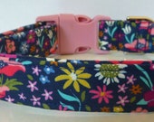 Floral Dog Collar, Dog Collars, Pink, Coral, Yellow, Pink, Blue, Ice Frappe White on Navy, Puppy Collar, Girl Dog Collar - quot Fiona quot
