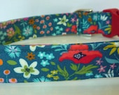 Floral Dog Collar, Dog Collars, Red, Orange, Coral, Yellow, Pink, Ice Frappe White on Dark Teal, Puppy Collar, Girl Dog Collar - quot Maddie quot