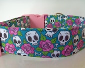 Halloween Dog Collar, Day of the Dead, Skulls Flowers, Dog Collar, Girl Dog Collar, Eco Friendly Collar, Personalized Collar - quot Maria quot