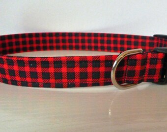 Red Buffalo Plaid Dog Collar - Boy Dog Collar, Collar, Back & Red Lumberjack Mini Buffalo Plaid - "Logan"