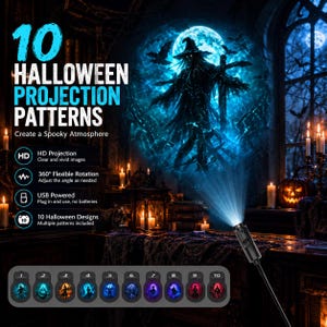 May include: A black USB-powered Halloween projection light device that displays 10 distinct spooky patterns, including a glowing blue witch silhouette against a full moon. The device features 360-degree rotation and high-definition projection capabilities.