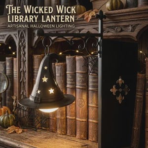 Peut inclure: Une lanterne murale en métal noir en forme de chapeau de sorcière avec des découpes en forme d'étoile diffusant une lueur chaude. Le luminaire possède un bras à volutes et est placé devant des livres anciens. Texte : The Wicked Wick Library Lantern.