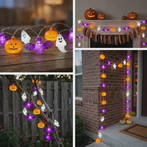 Könnte beinhalten: Eine Halloween-Lichterkette mit orangefarbenen Kürbissen, violetten Fledermäusen und weißen Geistern. Die dekorative Lichterkette ist auf einer Holzoberfläche, an einem Kaminsims, um einen Baum gewickelt und an einer Ziegelwand zu sehen.