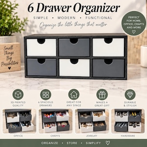 Six Drawer Organizer, 3D Printed Desk Storage with Black Frame