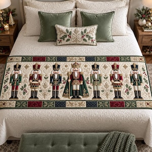 Royal Nutcracker Soldier Quilted Bed Runner, Christmas Holiday Bed Scarf