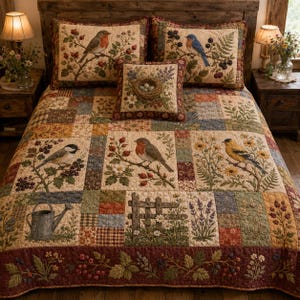 May include: A patchwork quilt featuring a nature-themed print with various birds, including a robin and bluebird, floral patterns, berries, a bird nest, and a metal watering can. The quilt is displayed on a bed with two matching pillows.