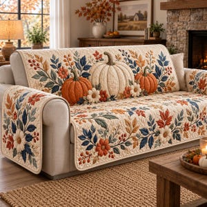 May include: A cream-colored quilted sofa cover featuring an autumnal pattern of orange pumpkins, white flowers, and foliage in shades of rust, gold, and navy blue. The fabric has a textured, stitched design covering the back and armrests of the sofa.