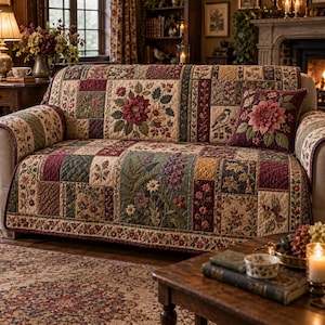May include: A sofa cover featuring a patchwork design with floral, botanical, and bird motifs in shades of burgundy, cream, green, and gold. The quilted fabric displays various square and rectangular panels with intricate stitching and a matching pillow.