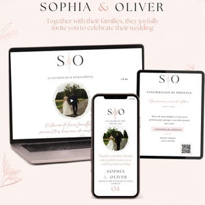 Peut inclure: Un ensemble d'invitations de mariage numérique affiché sur un ordinateur portable, un smartphone et une tablette. Le design présente les initiales SO, les prénoms Sophia et Oliver, et une photo circulaire d'un couple. Le texte inclut Together with their families, they joyfully invite you to celebrate their wedding, Confirmation de présence et des champs modifiables.