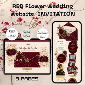 May include: A digital wedding invitation template displayed on a tablet and smartphone, featuring deep red and cream floral motifs, a wax seal envelope graphic, and text reading RED Flower wedding website INVITATION, RSVP FORM, and 9 PAGES.