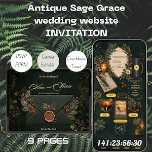 Puede incluir: Una plantilla digital de invitación para sitio web de bodas con un tema verde salvia antiguo y detalles dorados. El diseño incluye un gráfico de sobre con sello de cera, formulario RSVP, temporizador de cuenta regresiva y páginas editables.