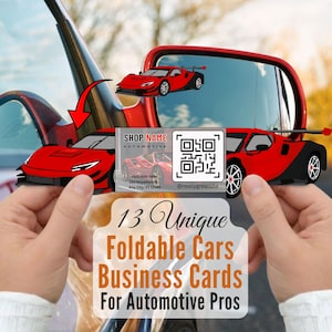 May include: A foldable business card shaped like a red and black sports car. The card features a QR code, the text SHOP NAME AUTOMOTIVE, a phone number, and an address. The design includes a red arrow pointing toward the car's front hood.