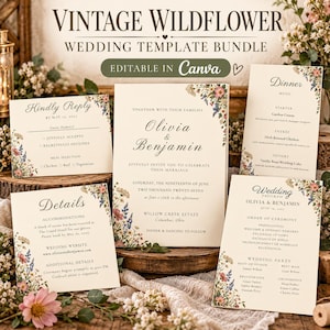 Op de afbeelding: Een trouwsjabloonbundel met een vintage veldbloemenontwerp op crèmekleurig papier. De set bevat een uitnodiging, RSVP-kaart, dinermenu, detailkaart en trouwprogramma, allemaal versierd met kleurrijke bloemenillustraties.