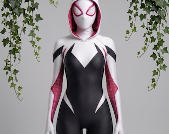 Vit spindeldräkt Cosplay | Gwen Stacy Spiderverse-inspirerad kostym | Zentai-bodysuit med huva | Comic Con för barn och vuxna | Premium hjältekostym