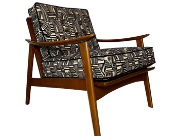 Mid Century Modern Danish Style Wooden Armchair with Geometric Black and Cream Upholstery