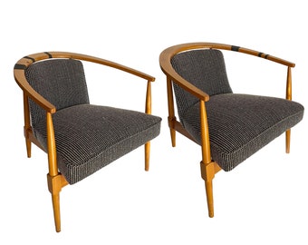 Pair of Mid Century Modern Arch Back Wooden Chairs with Black White Tweed Upholstery