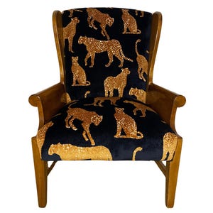 Vintage Reupholstered Leopard Wingback Chair with Wooden Sides
