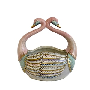 Vintage Double Swan Decorative Bowl or Vase Pastel Colors Ceramic 1980s